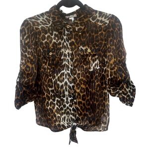 April Leopard Print Sheer Button Down Blouse Tie Front Roll Tab Sleeve Brown M